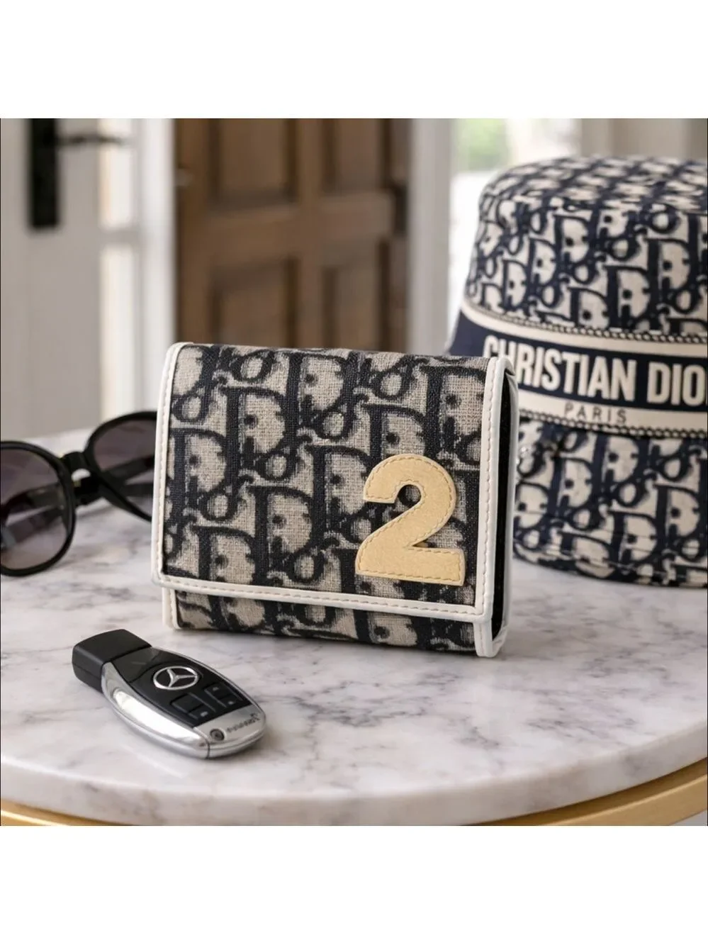 AUTHENTIC CHRISTIAN DIOR TROTTER #2 SNAP BIFOLD WALLET NAVY CREAM WITH BOX SPAIN